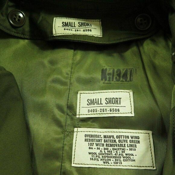 Vintage 50s US Army 107 Coat Overcoat S Short Green Liner Military Korea Belted - Picture 8 of 12